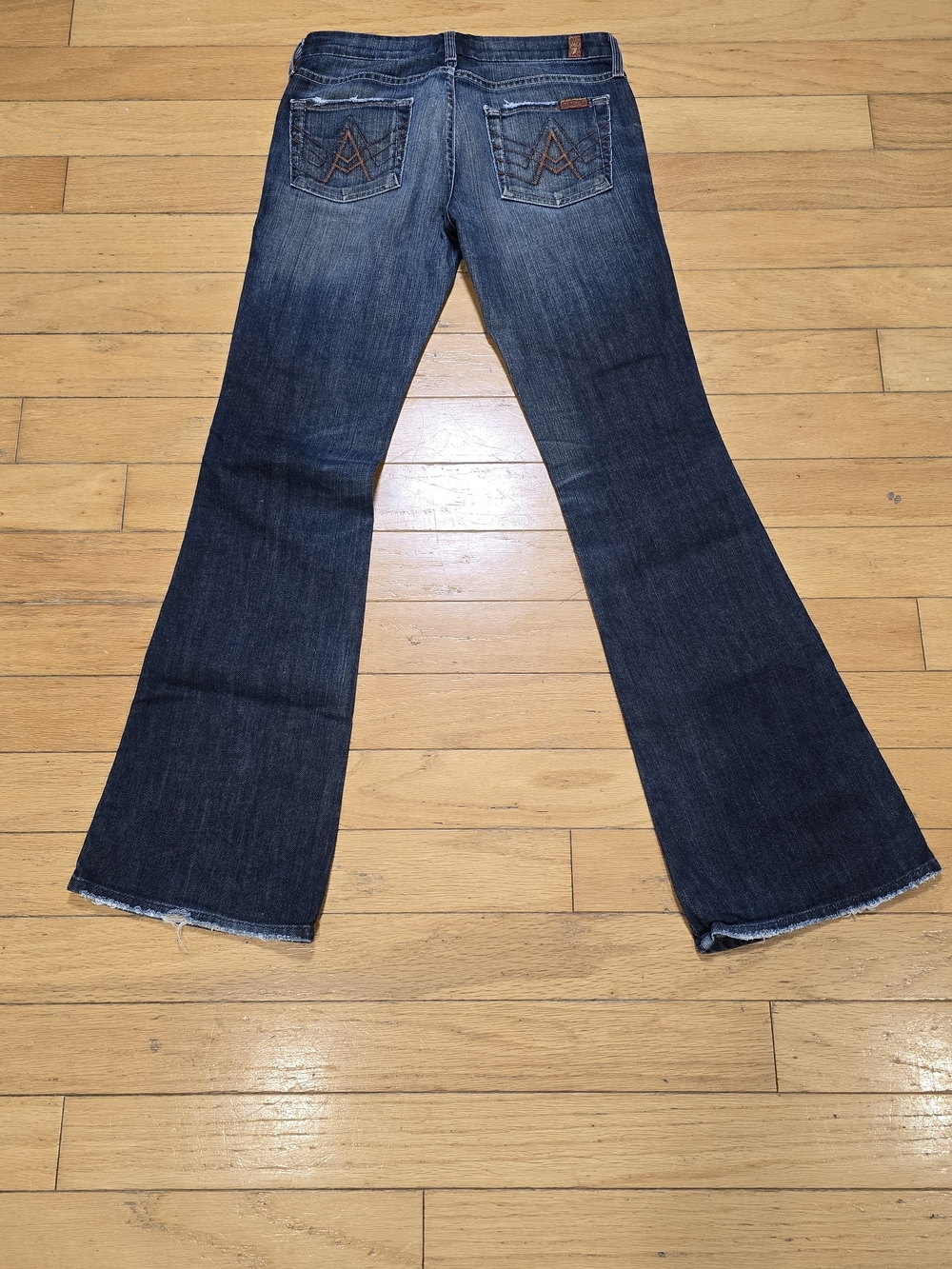7 For All Mankind Dark Blue Flare Jeans with Embroidered Back Pocket - Picture 2 of 5